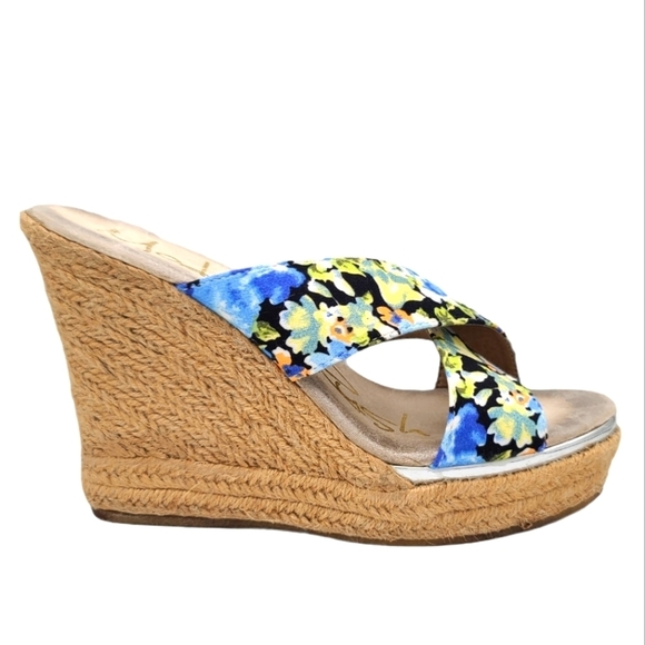 Modern Rush CHERYL BLACK Espadrilles Size 8.5M Floral Fabric Open Toe 4" Wedge - Picture 1 of 8